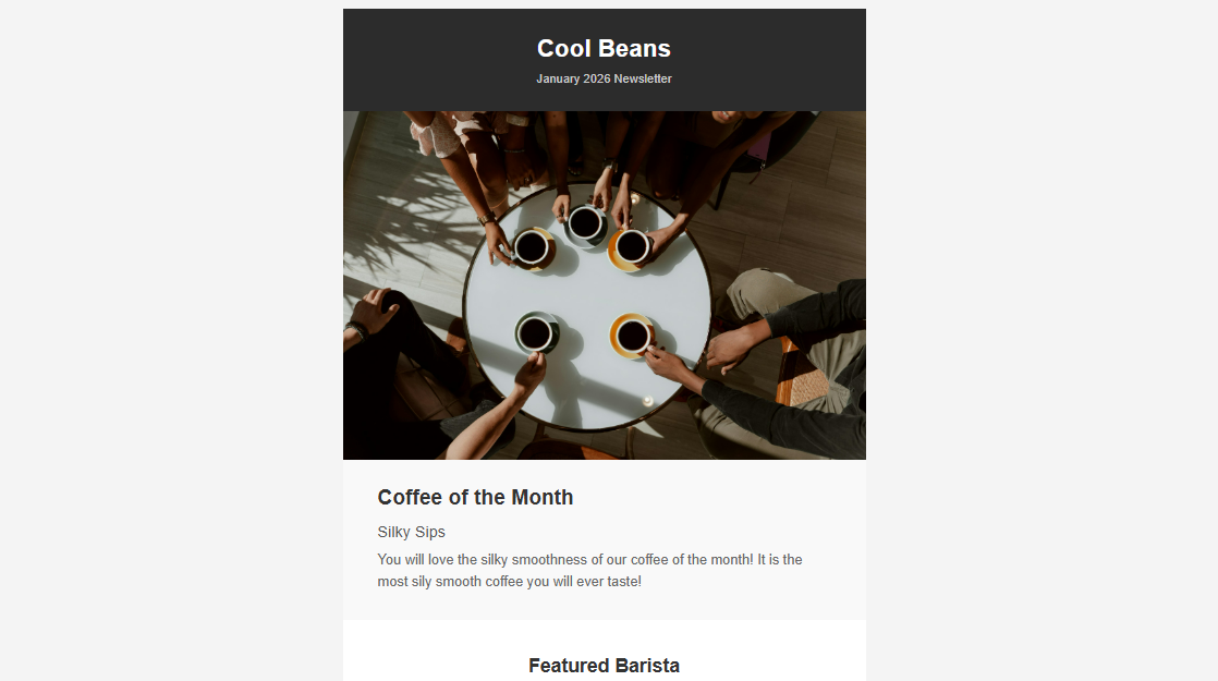Screenshot of a coffee shop newsletter email demo