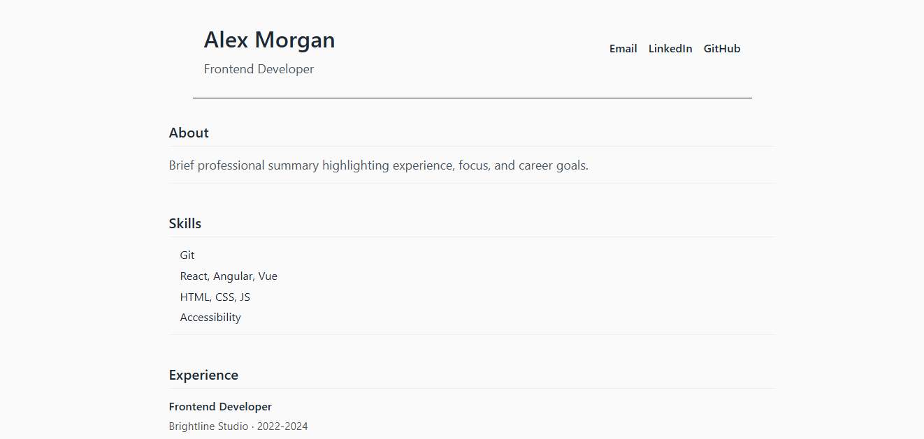 Screenshot of a minimal resume demo