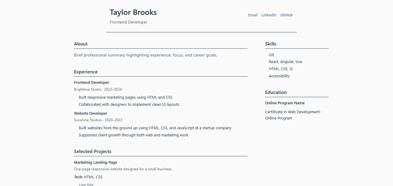 Screenshot of a Two column resume demo